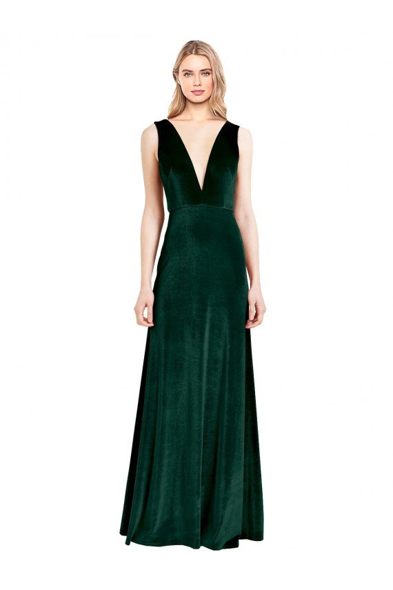 Daring Deep V-Neck Long Full Length Velvet Prom Dress