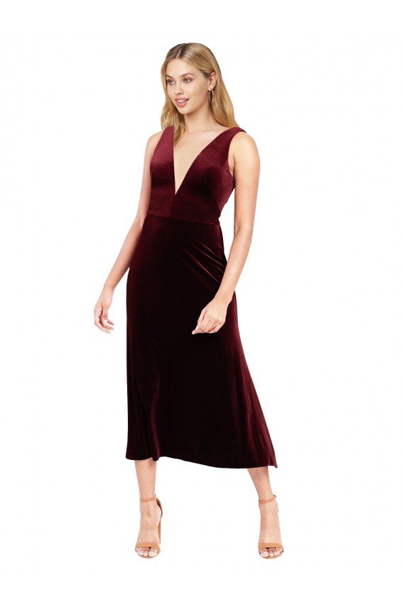 Daring Plunging V-Neckline Short Midi Length Velvet Cocktail Prom Dress / Homecoming Dress