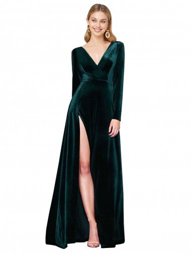 Deep V-Neck Long Sleeves Velvet Prom Dress with High Side Split Canada