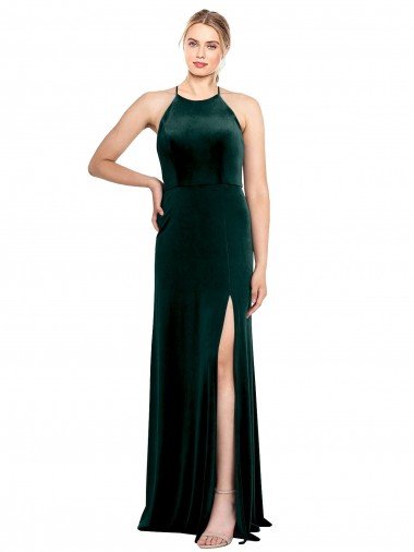 Long Jewel Neck Full Length Velvet Prom Dress with Side Slit Canada