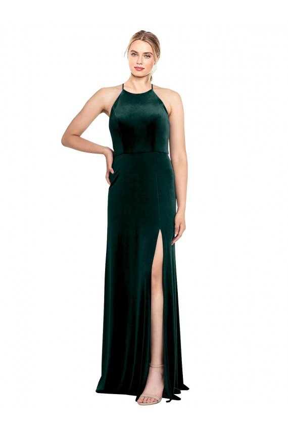 Long Jewel Neck Full Length Velvet Prom Dress with Side Slit