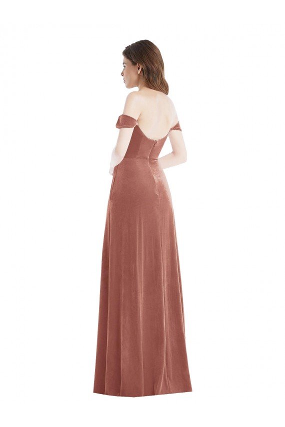 Off the Shoulder Flounce Sleeve Velvet Maxi Prom Dress & Pockets