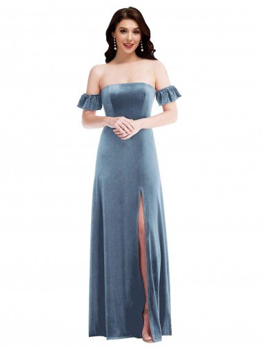 Ruffle Sleeve Off the Shoulder Velvet Maxi Prom Dress Canada