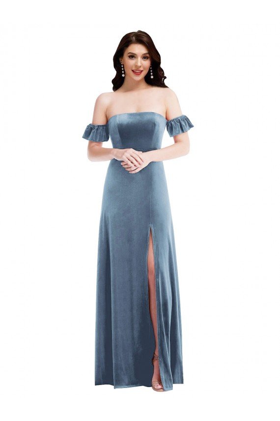 Ruffle Sleeve Off the Shoulder Velvet Maxi Prom Dress