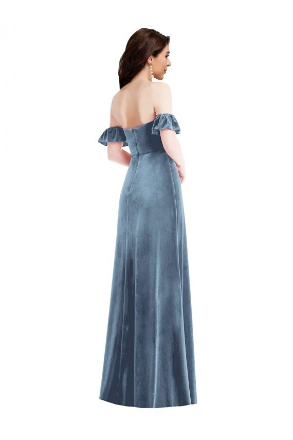 Ruffle Sleeve Off the Shoulder Velvet Maxi Prom Dress