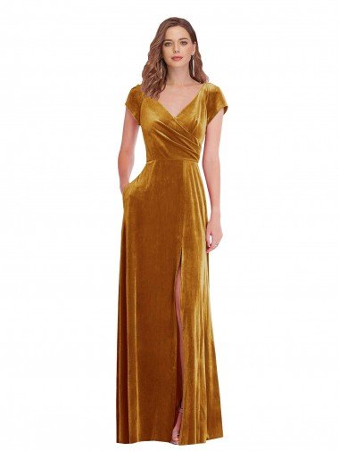 Cap Sleeve Faux Wrap Velvet Maxi Prom Dress with Pockets Canada