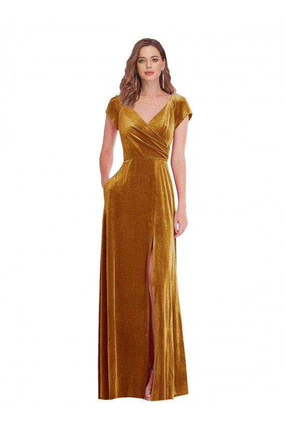 Cap Sleeve Faux Wrap Velvet Maxi Prom Dress with Pockets