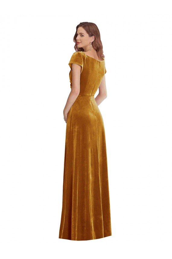 Cap Sleeve Faux Wrap Velvet Maxi Prom Dress with Pockets