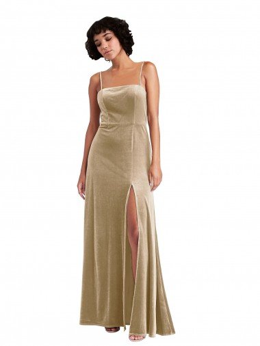 Square Neck Velvet Maxi Prom Dress with Front Slit & Pockets Canada