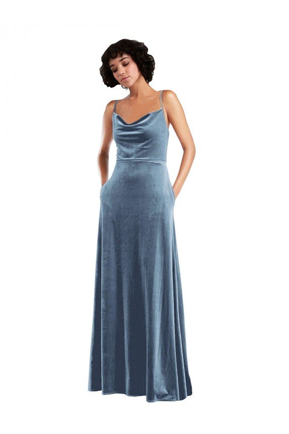 Sleek Cowl Neck Velvet Maxi Prom Dress with Pockets