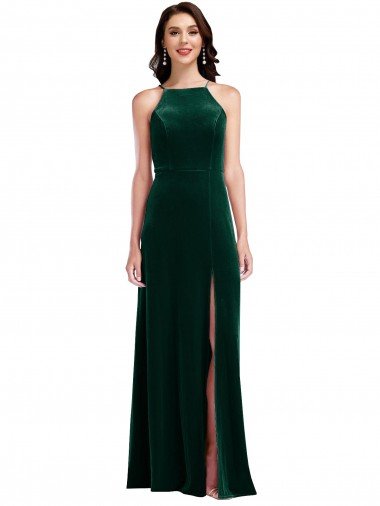 Velvet Halter Maxi Prom Dress with Front Slit & Pockets Canada