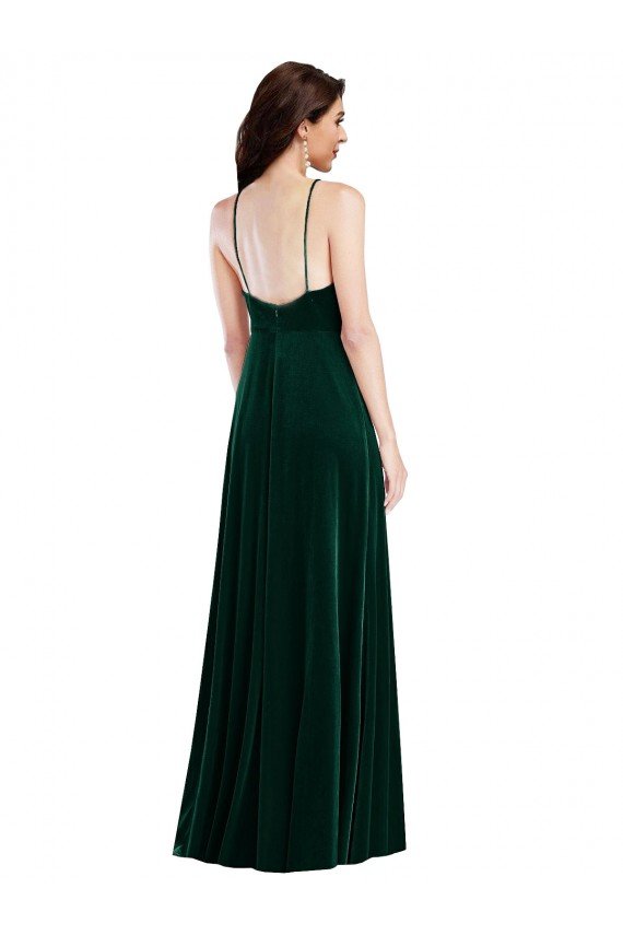 Velvet Halter Maxi Prom Dress with Front Slit & Pockets