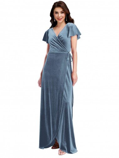 Flutter Sleeve Velvet Wrap Maxi Prom Dress with Pockets Canada