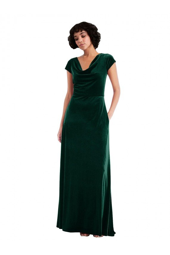 Cowl Neck Cap Sleeve Velvet Maxi Prom Dress with Pockets