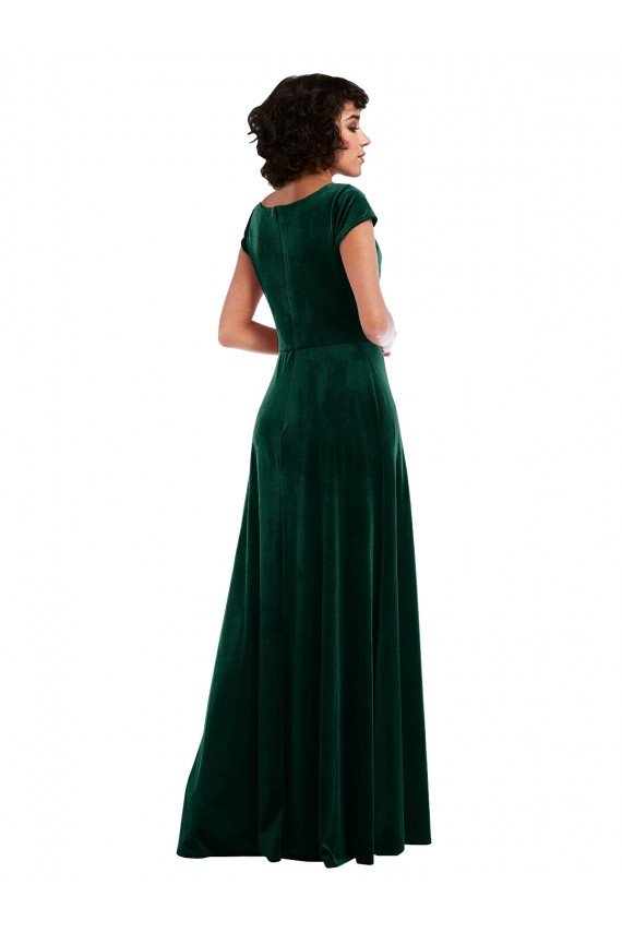 Cowl Neck Cap Sleeve Velvet Maxi Prom Dress with Pockets