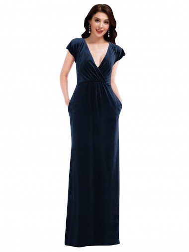 Flutter Sleeve Wrap Bodice Velvet Maxi Prom Dress with Pockets Canada