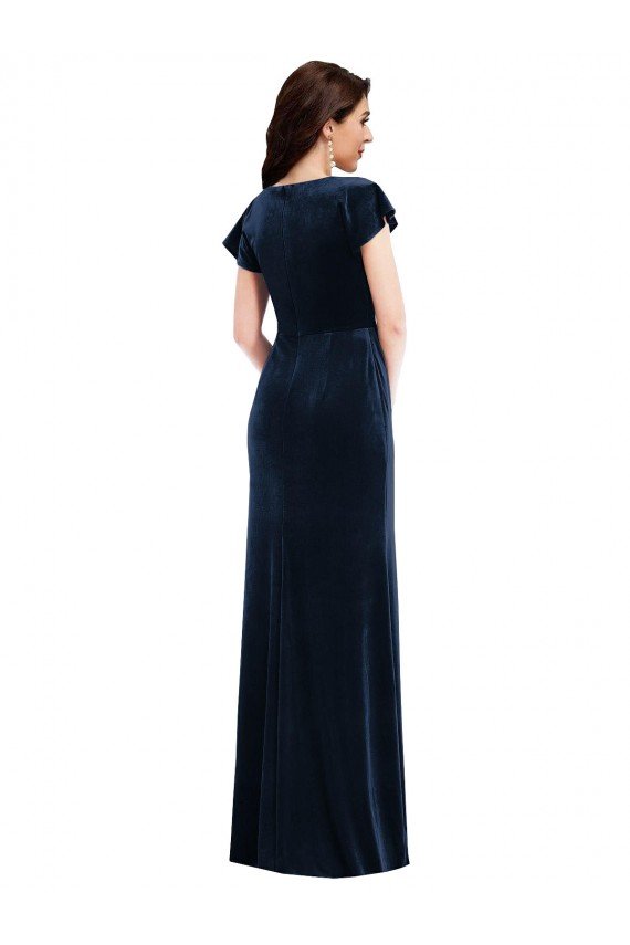 Flutter Sleeve Wrap Bodice Velvet Maxi Prom Dress with Pockets