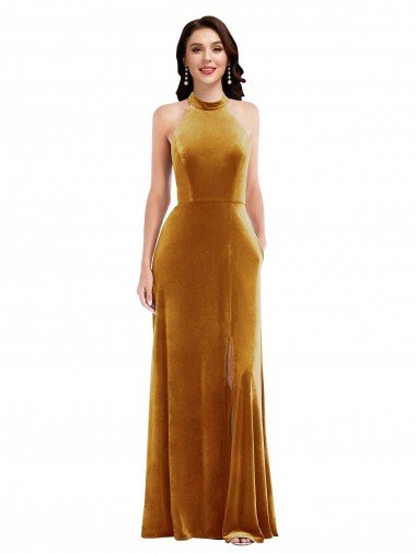 High-Neck Halter Velvet Maxi Prom Dress with Front Slit Canada