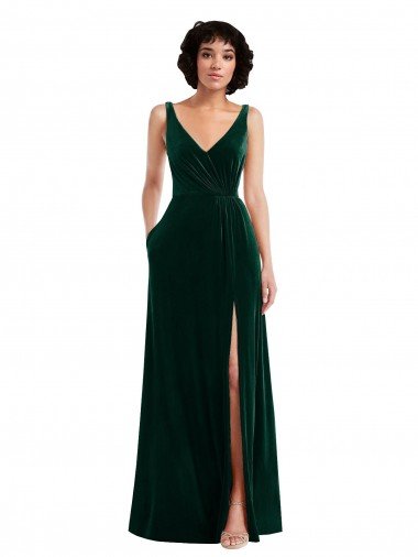 Floor Length Velvet Maxi Prom Dress with Shirred Bodice and Front Slit Canada