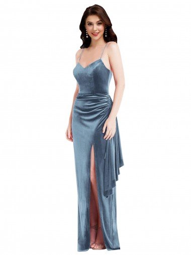 Spaghetti Strap Velvet Maxi Prom Dress with Draped Skirt Canada