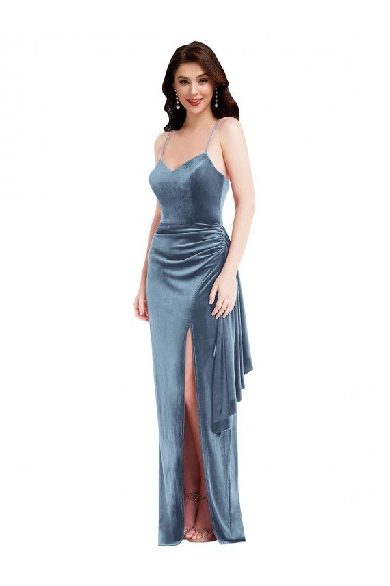 Spaghetti Strap Velvet Maxi Prom Dress with Draped Skirt