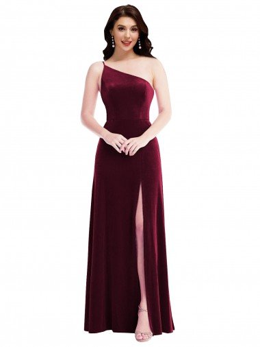 One Shoulder Spaghetti Strap Velvet Maxi Prom Dress with Pockets Canada