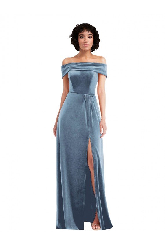 Draped Cuff Off the Shoulder Velvet Maxi Prom Dress with Pockets