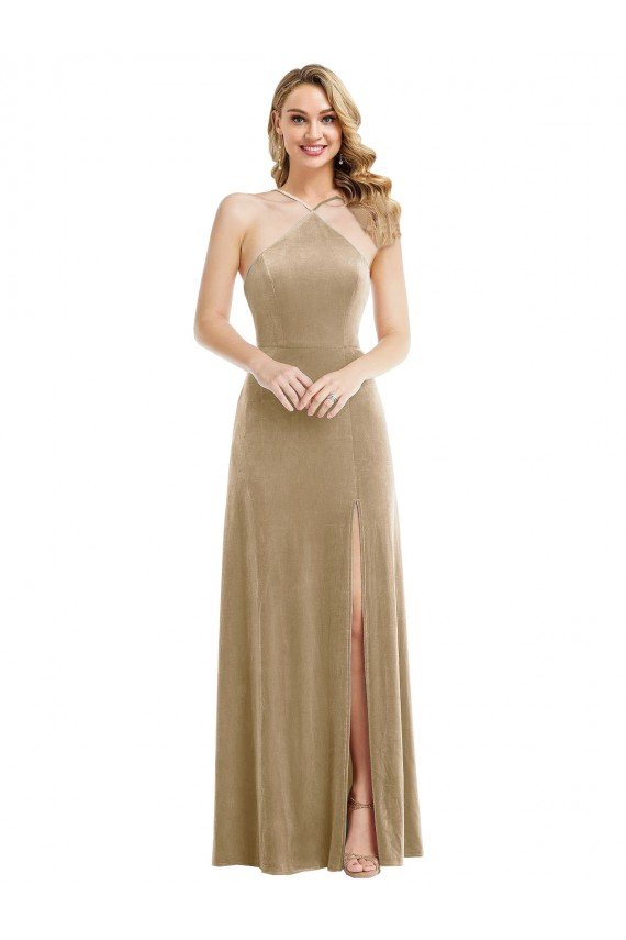 High Neck Halter Open Back Long Velvet Maxi Prom Dress with Pockets