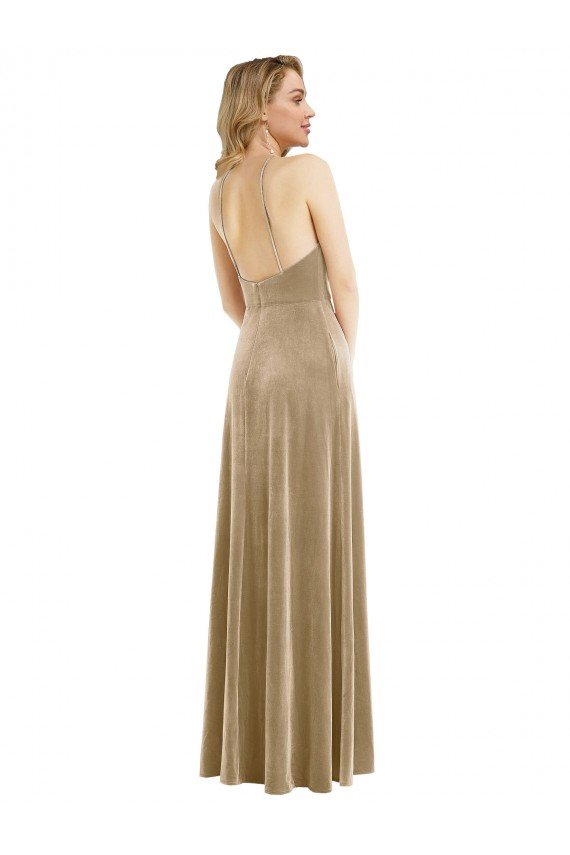 High Neck Halter Open Back Long Velvet Maxi Prom Dress with Pockets