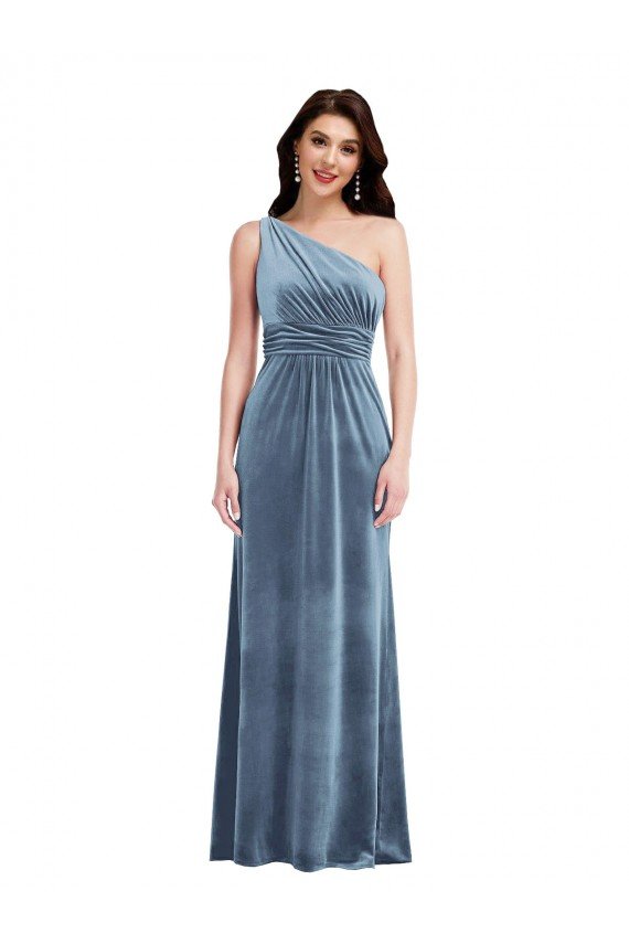 One Shoulder Draped Velvet Maxi Prom Dress