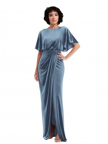 Flutter Sleeve Open Back Velvet Maxi Prom Dress with Pockets & Draped Wrap Skirt Canada