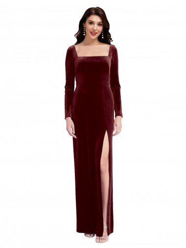 Sleek Square Neck Spaghetti Straps Velvet Prom Dress with Side Slit Canada