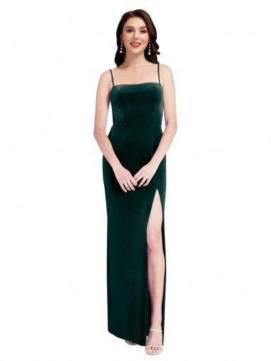 Straight Neckline Spaghetti Straps Long Velvet Prom Dress with High Side Slit Canada