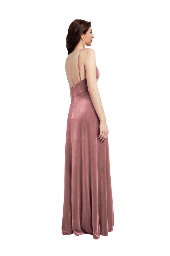 Low Scoop Back Long V-Neck Velvet Slip Prom Dress