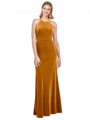 Halter Neckline Long Full Length Velvet Prom Dress with Strappy Back Canada