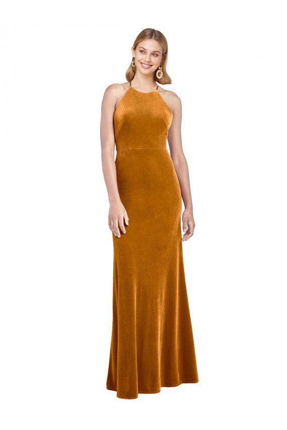 Halter Neckline Long Full Length Velvet Prom Dress with Strappy Back