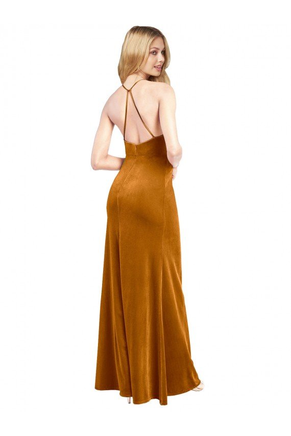 Halter Neckline Long Full Length Velvet Prom Dress with Strappy Back