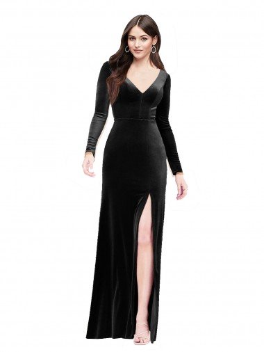 Long Sleeves Velvet Prom Dress with V-Neckline and Thigh Slit Canada