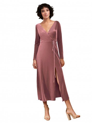 Long Sleeve Velvet Faux Wrap Midi Length Prom Dress Canada