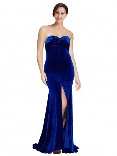 Strapless Ruched Velvet Prom Dress with Sweep Train and Front Slit Canada