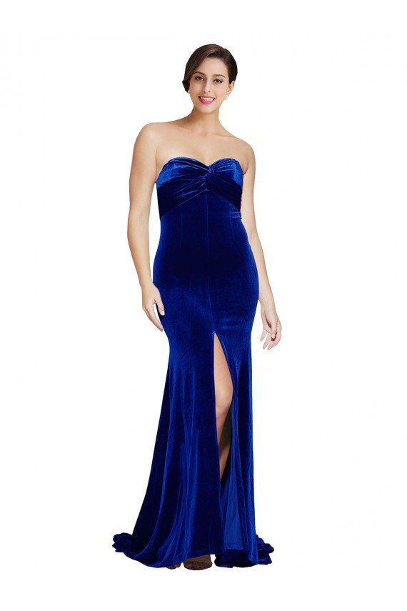 Strapless Ruched Velvet Prom Dress with Sweep Train and Front Slit