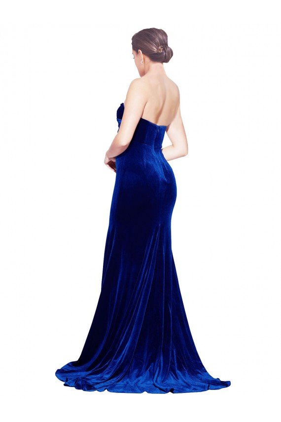 Strapless Ruched Velvet Prom Dress with Sweep Train and Front Slit