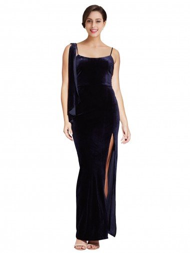 Long Velvet Prom Dress with Side Thigh Split and Shoulder Tie Canada