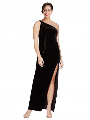 One Shoulder Long Velvet Prom Dress with Side Split and Shoulder Tie Canada