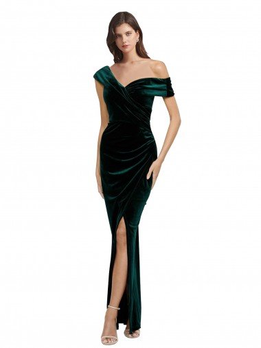 Long Asymmetric Neckline Ruched Velvet Prom Dress Canada