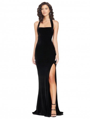 Halter Neck Wide Straps Long Velvet Prom Dress with Side Split Canada